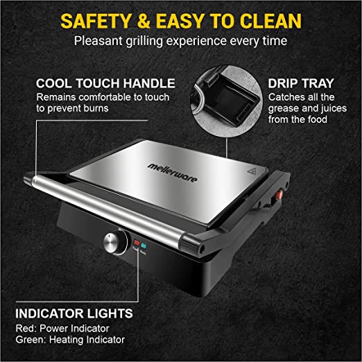 Mellerware INALSA Panini Grill Sandwich Maker 2200Watt - MWPG 01 with Adjustable Thermostat Control & 180 Degree Opening |Non-stick coated plates|Big Size to Fit 4-Slice Bread, (Black/Silver), Small Mellerware INALSA Panini Grill Sandwich Maker 2200Watt - MWPG 01 with Adjustable Thermostat Control & 180 Degree Opening |Non-stick coated plates|Big Size to Fit 4-Slice Bread, (Black/Silver), Small